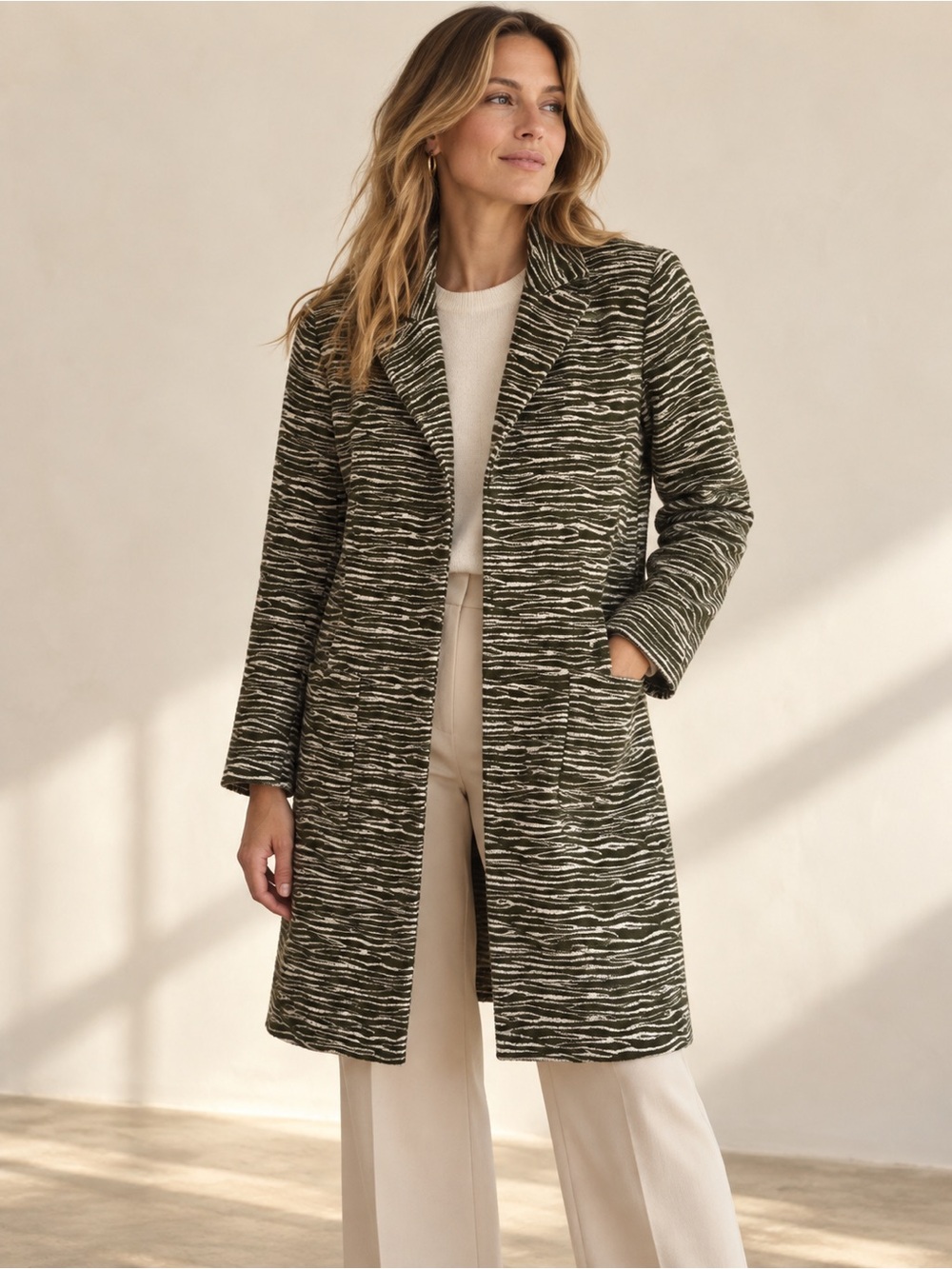 Judith & Charles Olive Green & Off-White Zebra Longline Coat